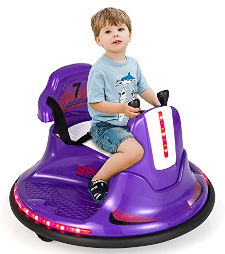Maxmass 360-Degree Rotation Spin Bumper Car, Battery Powered Kids Waltzer Car with Dual Joystick, Remote Control, LED Lights and Music, 12V Electric Vehicle Ride on Toys for Boys Girls (Purple)