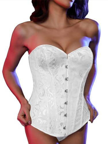 SLIMBELLE Vollbrust Corsage Damen Korsett Top Gothic Vintage Corsagen Bustier Corsette mit Stahlstäbchen Spitze und Faux Leder Corsage mit Tanga