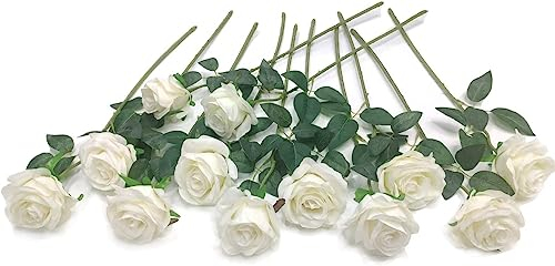 Laelfe 12 Pcs Rose Bianche Finte, Bouquet Fiori Finti di Rosa con Steli Lunghi, Rosa Finta per Decorazioni Composizioni di Nozze Casa Giardino Partito (Bianche)