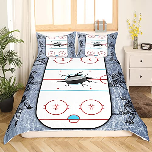 Homewish Hockey Bettwäsche Set 155x220,Ice Puck Hockey Tröster Abdeckung für Jungen Kinder Teens Winterspiele Sport Bettbezug Eishockey Filed Player Bettbezug mit Reißverschluss 1 Kissenbezug