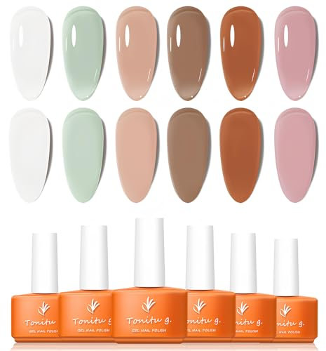 Tonitu G Jelly Gel Nail Polish Set 6 pcs Colors, Mint Green Beige Chocolate Coral Pink Rust Red Gel Nail Art Kit, UV LED Soak Off for Salon Manicure and Nail Art DIY at Home, for Gift