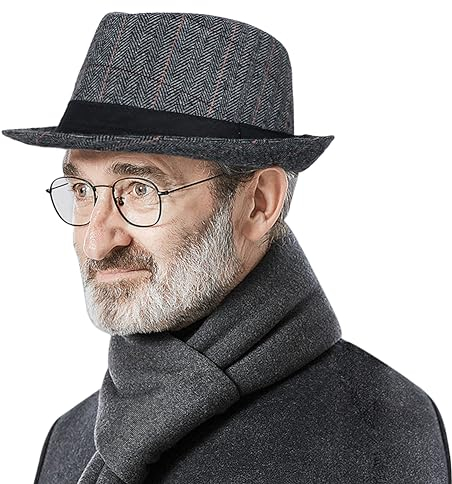 Men's Wool Trilby Fedora Hat - Classic Stripe, Black & Grey for Men & Women - Church, Derby, Jazz, Gentlemans, Wedding, Party, Talent Show, Performance