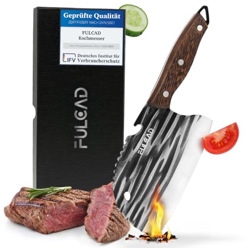 FULCAD Hackmesser mit Holzgriff, Messer aus Carbonstahl, breites Klingenblatt, scharfes Mehrzweck Küchenmesser, geeignet als - Gemüsemesser, Metzgermesser, Fleischerbeil, Kochmesser mit Flaschenöffner