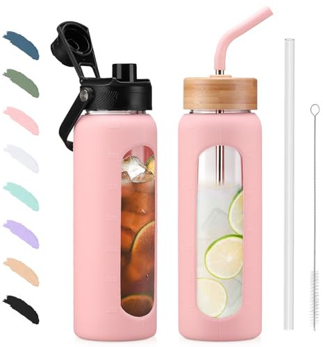 BLUEGO 700ML Bouteille d'eau en Verre et 2 Couvercles Gourde Reutilisable Tasse à Café avec Marqueur de Temps et Protecteur en Silicone Sans BPA pour Enfant et Adultes, Rose