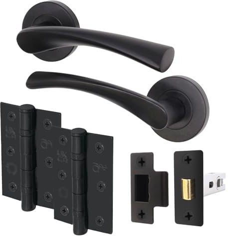 EAI Black Door Handle Latch Set | Round T-Bar Internal Door Handles, Latch (64mm), Hinges (76mm) | Matt Black Lever On Rose | Novoli Range
