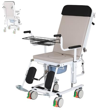 Duschrollstuhl mit Lift, Transferstuhl, verstellbar, flach liegend, mit Ablagekorb, Toilettenstuhl am Bett, Mobilitätshilfen für ältere Menschen und Behinderte,A Color