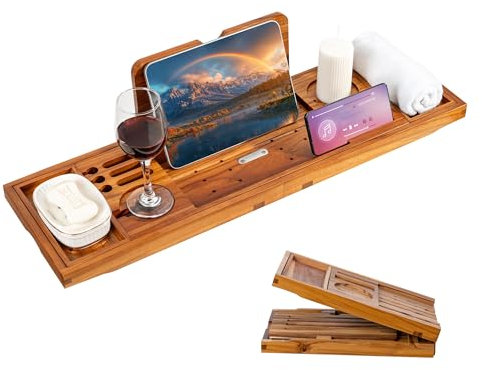 Luxuriöses Teak-Badewannentablett – Faltbarer Badewannen-Caddy mit erweiterbaren Griffen, Weinglas- und Telefonhalter, Buchständer – verbessert das Spa-Erlebnis zu Hause mit natürlichem Material