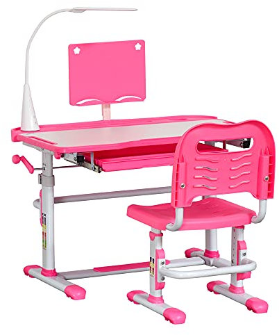 HOMCOM Scrivania per Bambini con Sedia Regolabile in Altezza, Set Banco Scuola con Cassetto, Luce e Piano Inclinabile a 45°, Età 6-12 Anni, Rosa
