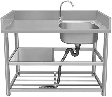 Stainless Steel Kitchen Sink Commercial Sink Single Bowl With Workbench & Double Storage Shelves Faucet Free Standing Stainless-Steel Single Bowl For Bathroom Restaurant Far(Size:100x50x80cm,Color:R2)