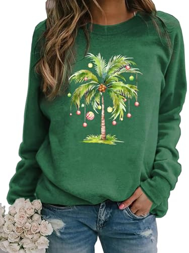 yawslaw Sweat-shirt à manches longues avec motif palmier de Noël pour femme - Motif hawaïen, Vert-1, Medium
