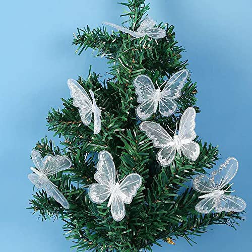 EONANT 12 unidades de adornos de mariposa para árbol de Navidad, mariposas blancas, manualidades, mariposas, clips de mariposa, guirnalda de árbol de Navidad, fiesta, boda, decoración colgante de