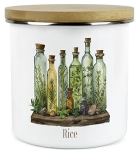 Purely Home Rice Storage Canister - Green Herb Oils 1.2L Enamel Food/Ingredients Storage Container - Mystical Apothecary Kitchen Gifts