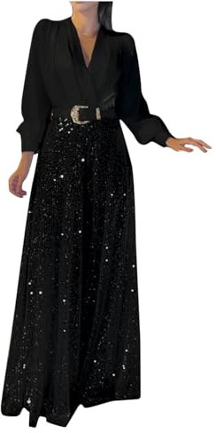 Susenstone Robe Femme Chic Et Elegant Soiree Robe Longue Femme À Paillettes Manche Longue Sequin Robe Asymétrique Elegant Blanc XXL