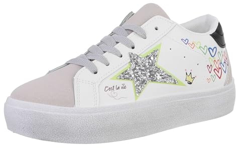 Ital Design Damen Low-Top Sneaker mit Schnürung und Flacher Sohle, runde Spitze, Weiß, Gr. 39