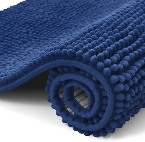 OLANLY Chenille Badematte rutschfest Badezimmerteppich Weich Badteppich Saugfähige Badvorleger Waschbar Duschvorleger für Badezimmer, 50 x 80 cm, Marine Blau