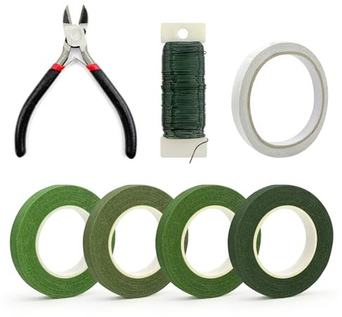 QHSXMQ Floristenband, 4 Rollen Floristenkrepp 27m x 12mm, Blumendraht Grün 35m, Draht-Schneider und Doppelseitigem Klebeband, Blumenband in Grün für Blumenarrangements und Floristik (7 Stück)