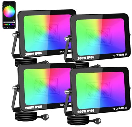RIGIDON 4 Pcs 200W RGB Projecteur LED Exterieur, 20000LM Intelligente Multicolore Spot LED Couleur, IP66 Etanche changement de couleur RGBW Interieur pour Terrasse Jardin Garage lampe