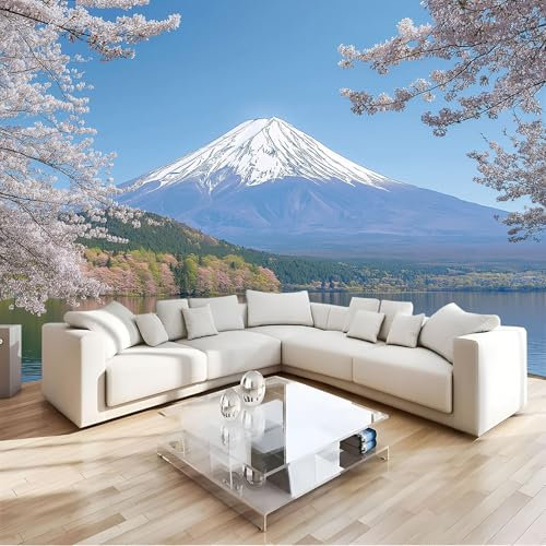 Papier Peint Panoramique, Paysage Japonais 3D Mont Fuji Cerisiers En Fleurs Soie Taille Personnalisée Fresque Murale 450X315Cm (L×H), Pour Salon Chambre D'Enfants Restaurant Décoration Murale