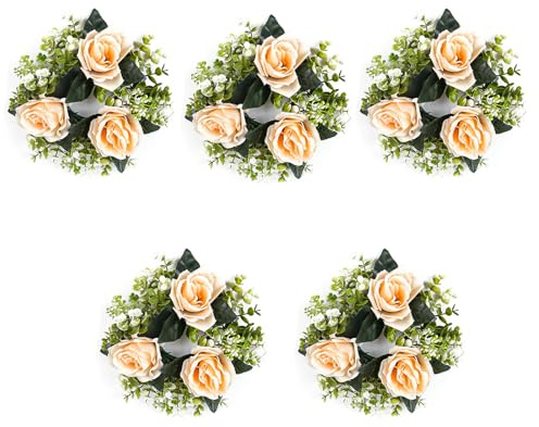 Xinsheinelry Kleine Kerzenringe, künstliche Blumenkranz, künstliche Rosen, Kerzenhalter, Kränze, Hochzeit, Tafelaufsätze für den Tisch, 5 Stück