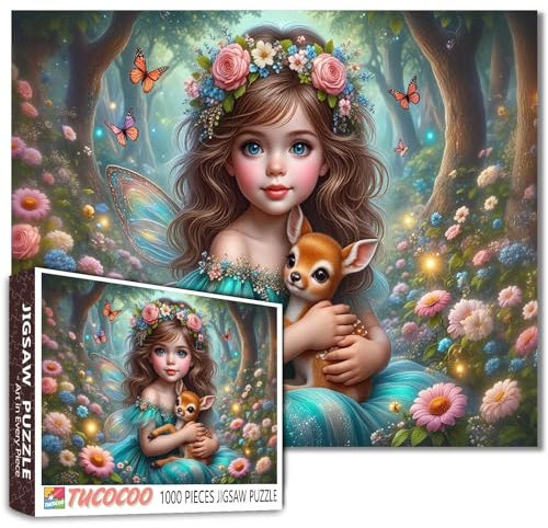 Tucocoo Puzzle de 1000 pièces de forêt enchantée pour adultes, fée magique et faon, scène fantastique de la forêt, puzzle stimulant pour la relaxation, puzzle artistique à faire soi-même, cadeau de