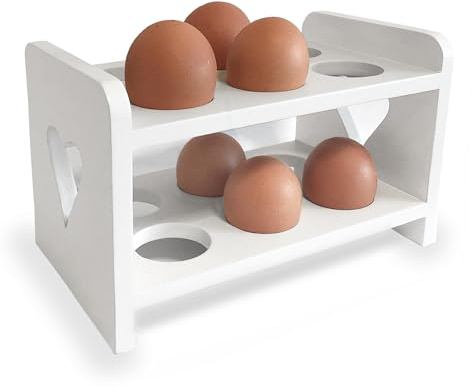 GreyZouq Vintage Wooden Egg Rack Storage with 2-Layer and Pretty Cut Out Heart Design, Country Kitchen Style, Scandinavian Inspired, Holds 12 Eggs, Rustic Food storage. (White)