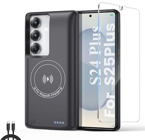 Battery Case For Samsung Galaxy S24 Plus/S25 Plus, Real 10000mAh Portable Power Bank with Magnetic Wireless Charging,Protective Charger rechargeable phone case with battery pack Black