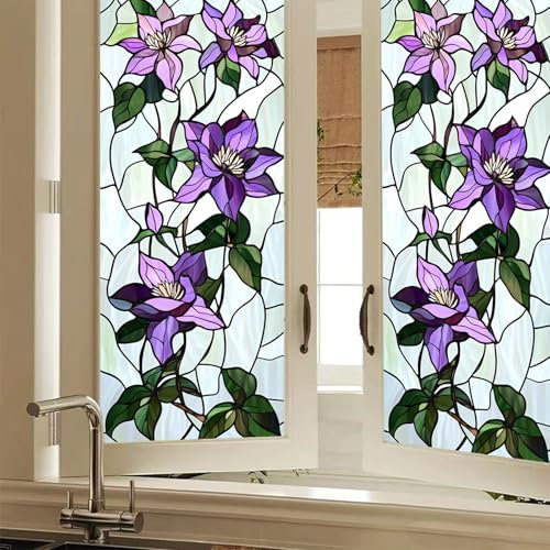 HOMETITUTE Privacy Window Film Purple Flower Vine Decorative Window Cling Stained Glass Style Static Cling Glass Sticker for Bathroom Kitchen Cabinet Door Panel 17.7 x 39.3 Inch