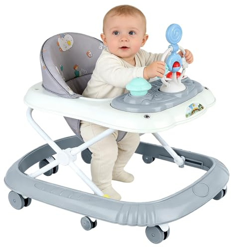 2-in-1 Lauflernhilfe für Babys, mit 5 verstellbaren Höhen, zusammenklappbar, mit abnehmbarem Musik-Aktivitätstablett, 6 bis 18 Monate, bis zu 12 kg (55 x 65 x 58 cm, grau)