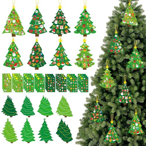 24 Stück Weihnachtsbaum Bastelsets Kinder Weihnachten Bastelsets für Kinder Weihnachtenset Weihnachtsbasteln Aufkleber Set Anhänger Grün Hängend Deko Weihnachtsbaum Basteln Weihnachten für Winter Deko