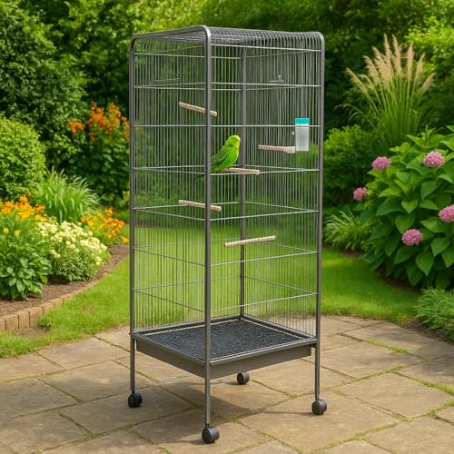 Standing Large Bird Cage, Carbon Steel Flight Bird Cage for Parakeets, Cockatiels, Parrots, Macaw with Rolling Stand and Tray (Black, 4.5 x 53.5 x 120 cm)