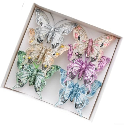 Zilimontt Set mit 3 oder 6 Stück Weihnachtsbaumschmuck, Schmetterlings-Ornamente, Kunststoff, 3D, mit doppellagigem Glitzer und Schillernd, leicht zum Aufhängen und saisonale Präsentation (Set A)