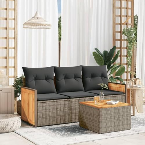 JHQHSM 4-TLG. Garten-Sofagarnitur mit Kissen Grau Poly Rattan, Modulares Design mit Stauraum und wasserfestem Beutel, Bequeme Lounge-Garnitur aus PE-Rattan mit Akazienholz-Tisch