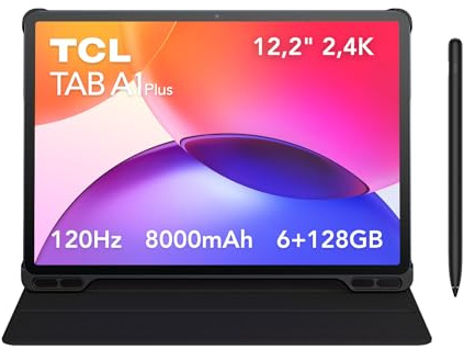 TCL TAB A1 Plus + Flipcase + Pen, 6GB+128GB, Display Immersivo 2.4K da 12,2 a 120 Hz, Processore Avanzato a 4 nm, Corpo in Metallo Sottile, Google Gemini, AI Toolbox, UI Intuitiva