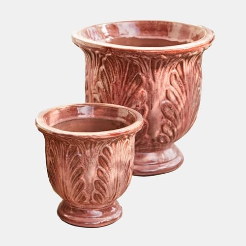 Loberon Ãœbertopf 2er Set Aurezia, Bordeaux | Zwei Größen - Mediterranes Flair - Reliefartige Blattornamentik - Gartenzubehör - Pflanzgefäß - Ton