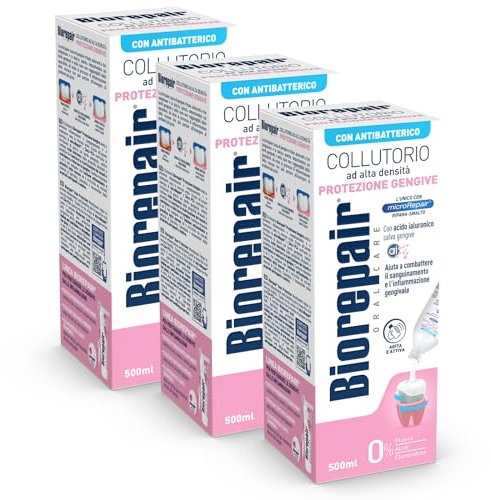 Biorepair, Collutorio Liquido ad Alta Densità, Protezione Gengive, con Acido Ialuronico e Zinco Antibatterico Aiuta a Combattere la Paradontite, 500ml - 3 Confezioni, Senza Fluoro