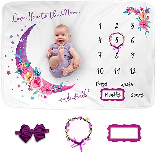 Luka&Lily Baby Meilenstein Decke - Ultrasofte Neugeborenen Monatsdecke für Mädchen - 150 x 100 cm - Rosa Mond Blumen Motto