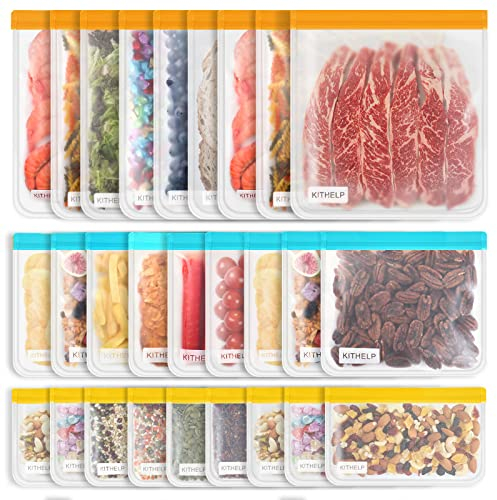 KITHELP Wiederverwendbare Aufbewahrungsbeutel, BPA-frei, auslaufsichere Gefrierbeutel (9 wiederverwendbare Gallonen-Beutel + 9 Sandwichbeutel Snack-Beutel) waschbar, umweltfreundlich, aus Silikon
