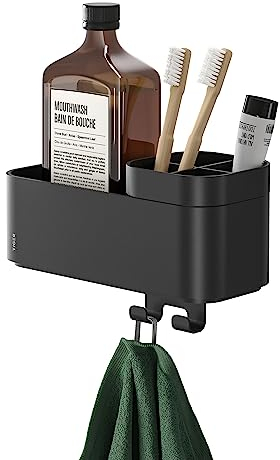Tiger 2-Store Badezimmerablage mit integriertem Zahnbürstenhalter und Haken, Badregal für Dusche und Waschtisch zur Aufbewahrung von Badutensilien, Farbe: Schwarz