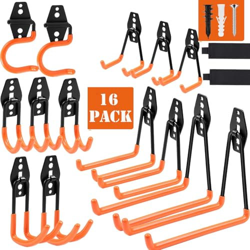 Dorisy Upgraded 16 Packs Garage Hooks Utility Double Heavy Duty with Mop Broom Holders, Wall Mount Hooks, Garage Storage Organization and Tool Hangers for Power ＆ Garden Tools, Ladders, Bikes(Orange)