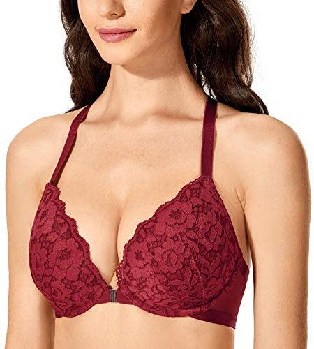DOBREVA Women's Push Up Bra Support Racer Back Front Fastening Lace Padded Plunge Underwired Bra Cerise 36DD