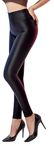 Damen Kunstleder Leggings High Waist PU Leder Leggings Hose Strumpfhosen Treggins Leggins Fleece Gefüttert,Schwarz,L