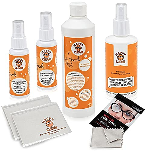 HAPPY CLEAN Sonderpaket | Brillenreiniger | Mikrofaser + Antibeschlagtuch | Spezialreiniger für Kunststoff- & entspiegelte Gläser | Streifenfreie Sauberkeit | Silikon- & Alkoholfrei | 100% Biobasis