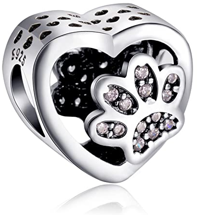 LaMenars Charms Pink Paw Dangle 925 Sterling Silber Hundeknochen Anhänger Bead mit Zirkonia passt Europa Charm Armband Halskette, Geschenke für Frauen Mädchen