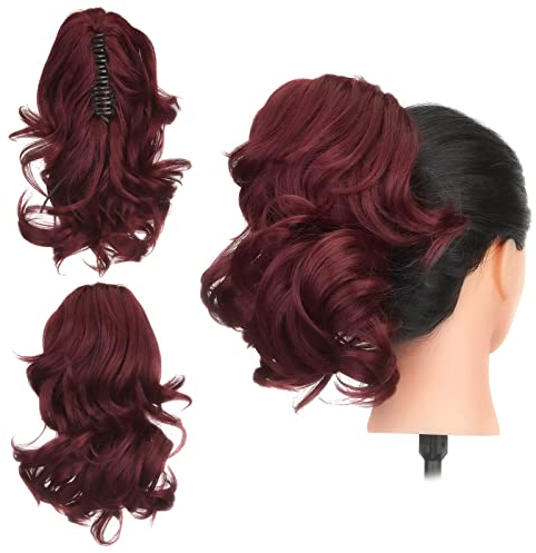 Gairyan 30cm Pferdeschwanz Haarteil Zopf Extensions Lang Lockige Claw Clip in Ponytail Extensions Synthetik Haare Extensions Gewellt Haarteil Haarverlängerung für Frauen (Weinrot)