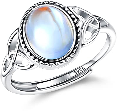 Milacolato Bague Pierre De Lune Pour Femme Fille Bague Argent 925 Ajustable, Bague Triangle Celtique Zirconium, Ovale Rond Coeur Pierre Précieuse Bague Bijoux Pour Elle Avec Boîte Cadeau bague-C