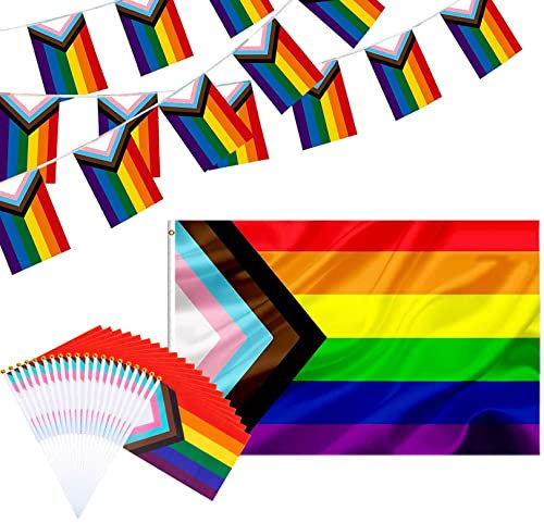 Jc.upin Pride Decor Set-5ft x 3ft Pride Flag,10 Pcs Handheld Small Mini Pride Flags,5M Pride Bunting-Rainbow Flags LGBTQ Accessories Gay Pride Flag Vivid Pride Accessories for Rainbow Party Decor