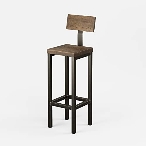 Original-BestLoft® Barhocker New York Handmade Industriedesign Loft Stahl Holz Eiche massiv (Dunkel geräuchert mit Lehne, 65)