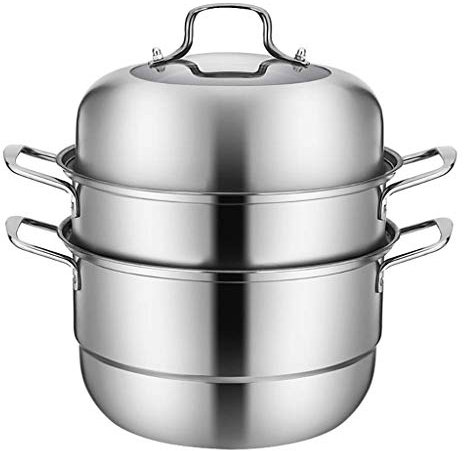 Olla de Vapor de Acero Inoxidable para cocinar Sopa y cocinar al Vapor con Tapa de Vidrio Templado, septos al Vapor a Gas