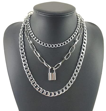WEITING New Layered Link Chain Neck Heart Necklace Lock Key Pendant Necklaces Women Men Choker Padlock Chains Goth Jewelry-silver