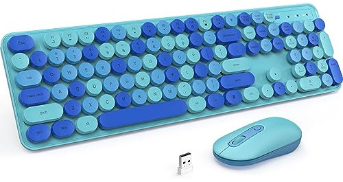 Wireless Keyboard and Mouse, LIZRROT Silent Keyboard Mouse Combo, Full-Sized Colorful Typewriter Keyboard with Round Keycaps, 2.4G Cute Mouse Compatible with PC/Laptop/Computer(Blue)